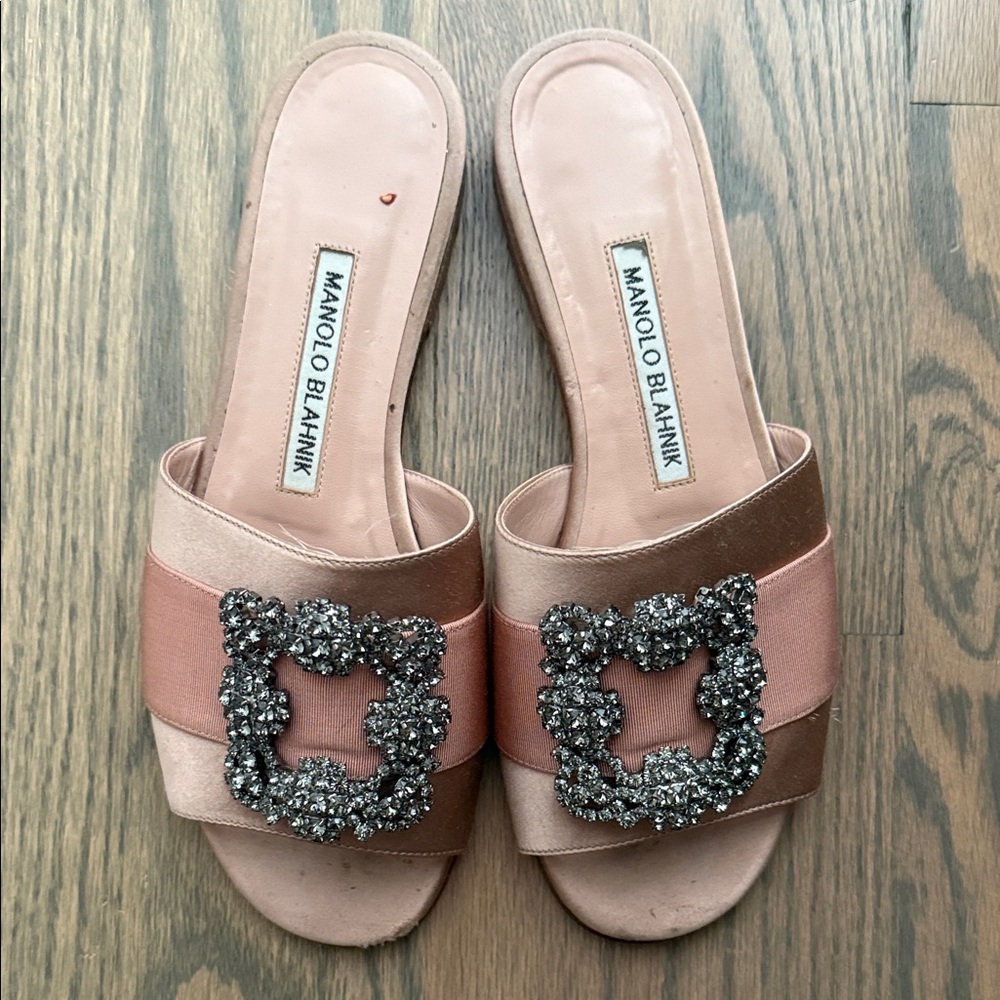Manolo Blahnik Pink and Brown Crystal Buckle Mules